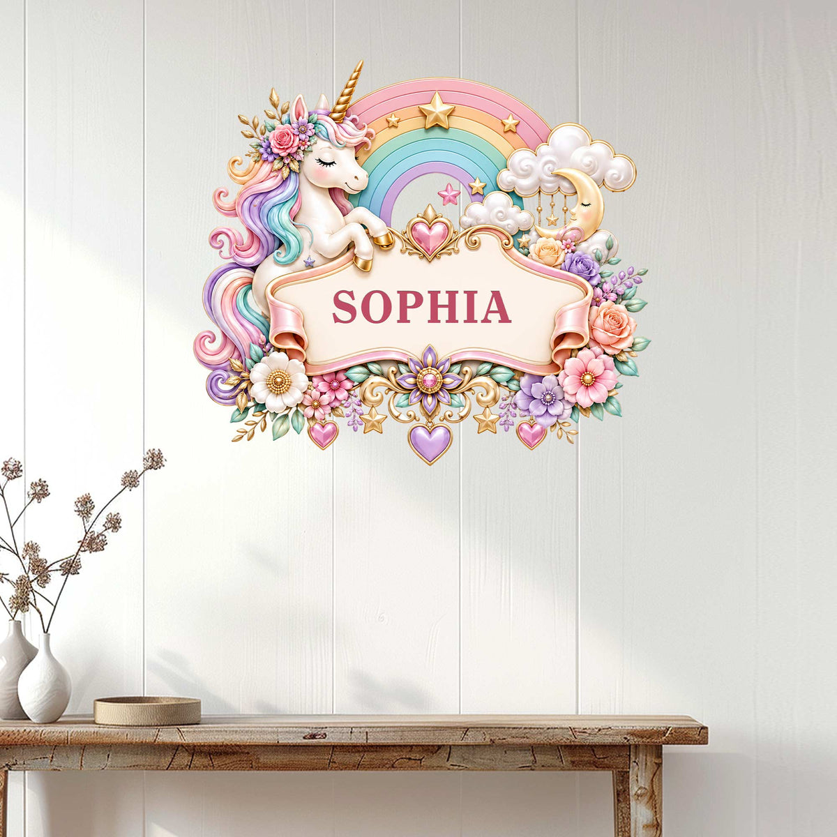 Custom unicorn wall sign displayed on a light wood wall above a console table in a bright room