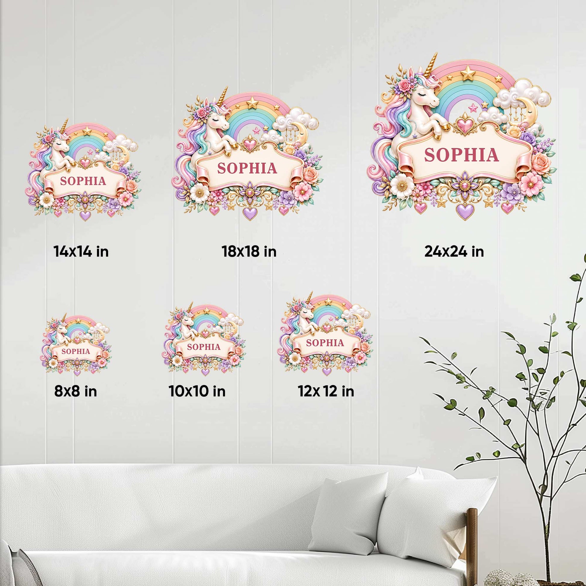 Unicorn metal sign size guide showing available square sizes from 8x8 inches to 24x24 inches