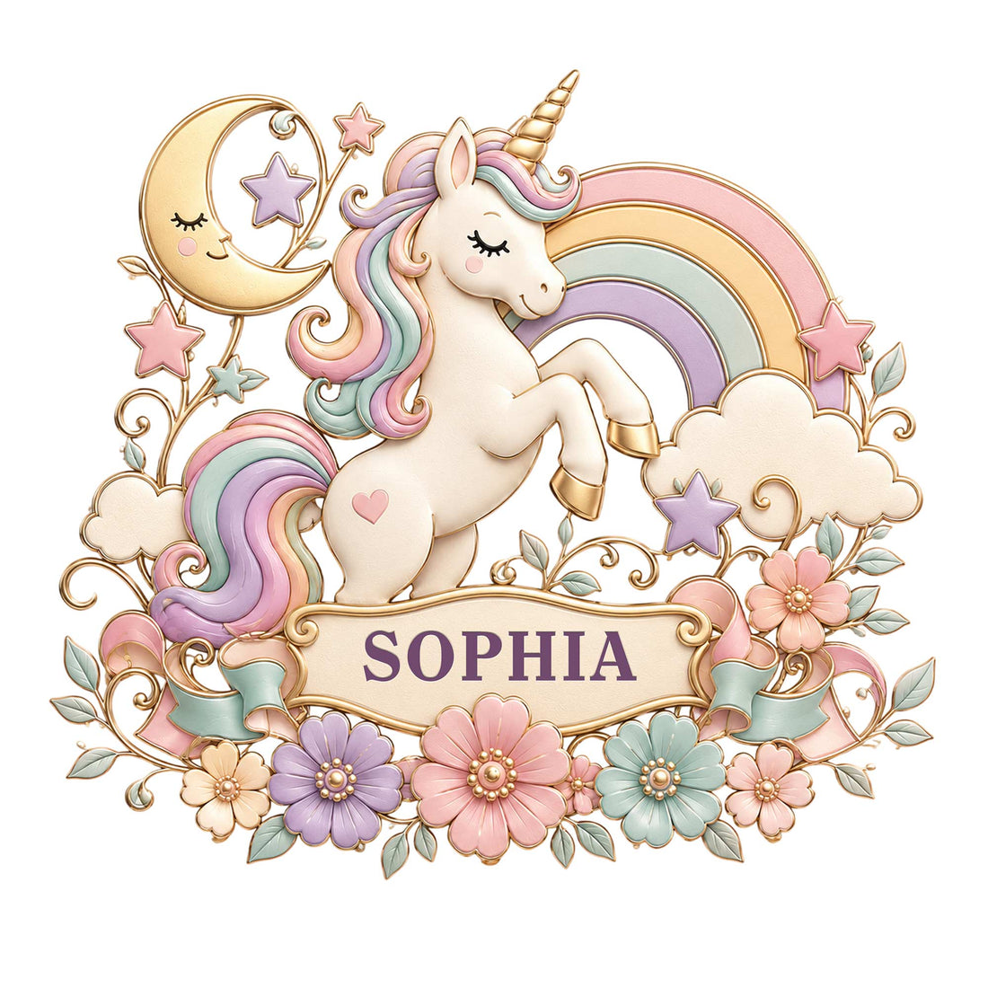Pastel unicorn metal sign with a rainbow, crescent moon, stars, flowers, and a custom design
