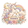 Pastel unicorn metal sign with a rainbow, crescent moon, stars, flowers, and a custom design