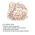 Decorative unicorn cut metal sign shown with pastel rainbow artwork and indoor or outdoor use details
