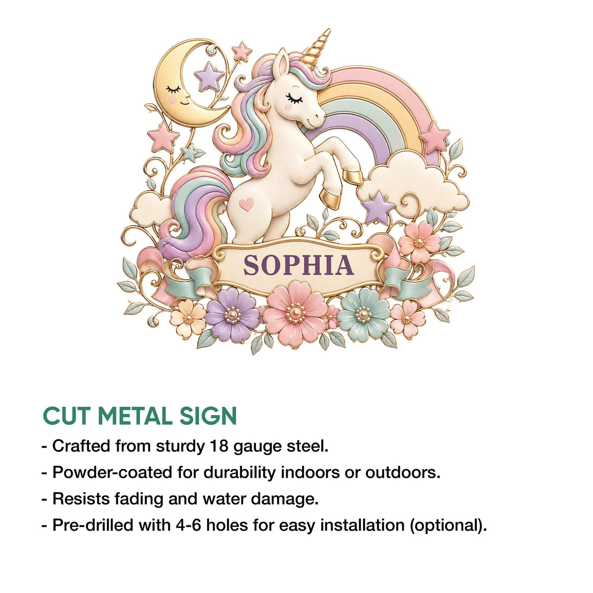 Decorative unicorn cut metal sign shown with pastel rainbow artwork and indoor or outdoor use details