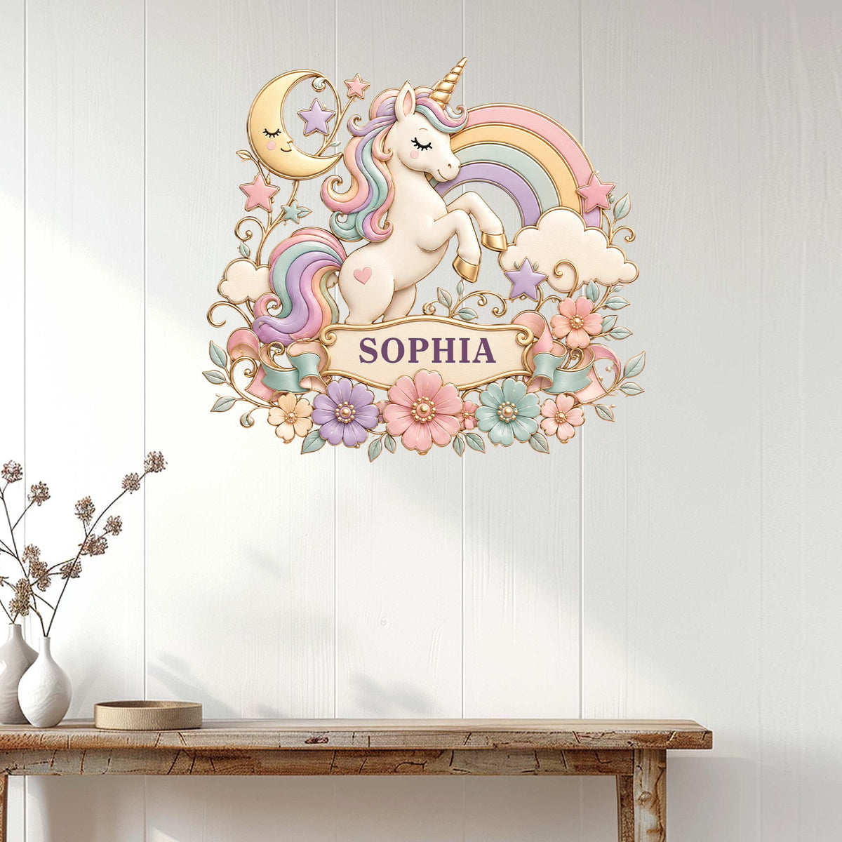 Pastel unicorn wall sign displayed above a console table in a bright, welcoming room