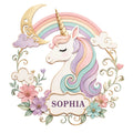 Pastel unicorn metal sign featuring a rainbow, crescent moon, flowers, clouds, and flowing mane