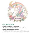 Pastel unicorn cut metal sign shown with a feature graphic highlighting indoor and outdoor display