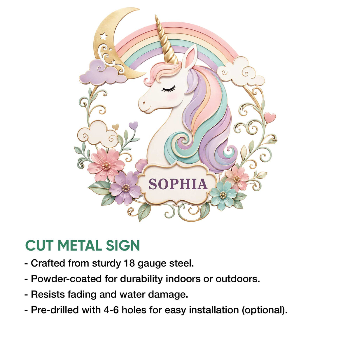 Pastel unicorn cut metal sign shown with a feature graphic highlighting indoor and outdoor display