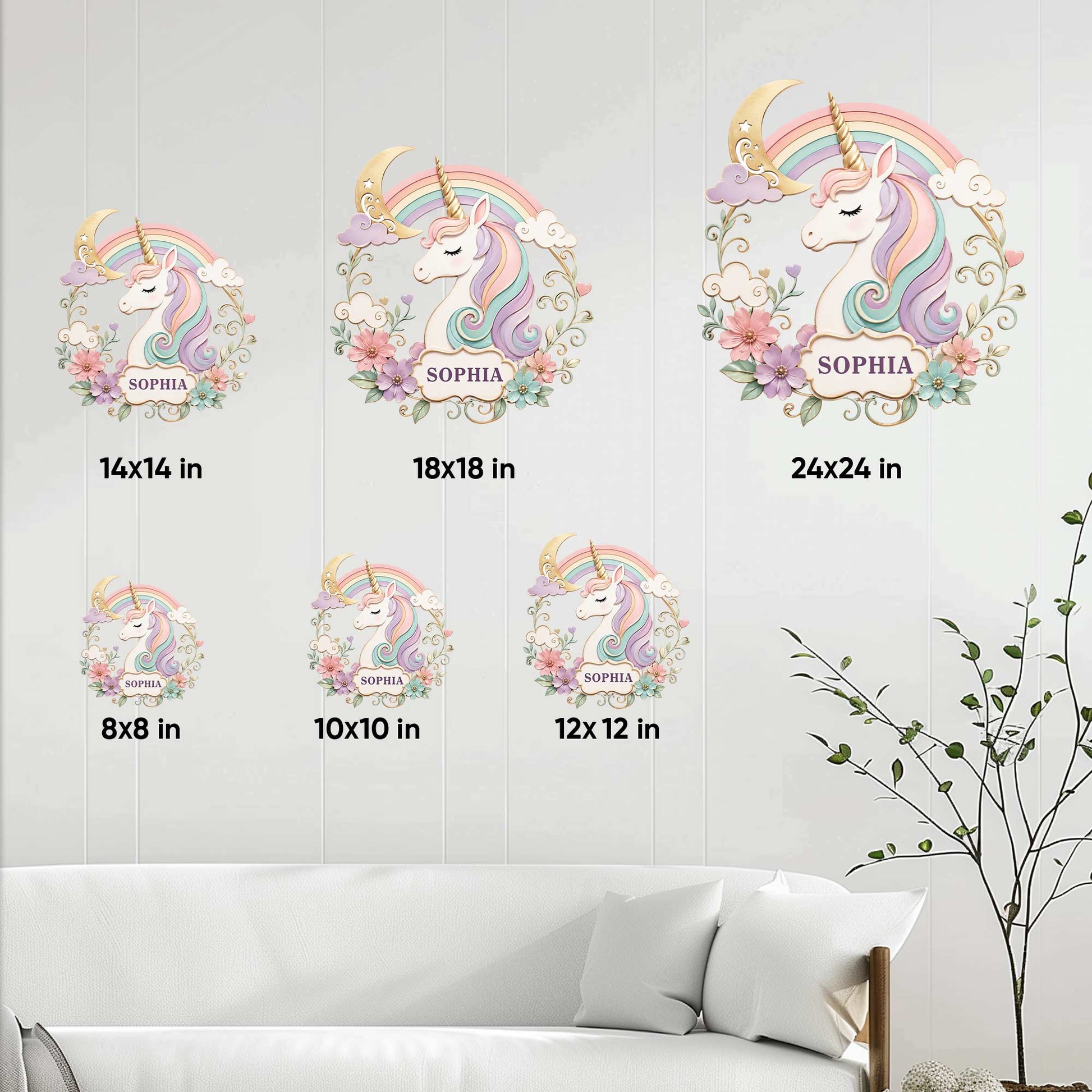 Unicorn metal sign size guide showing square options from 8x8 inches through 24x24 inches