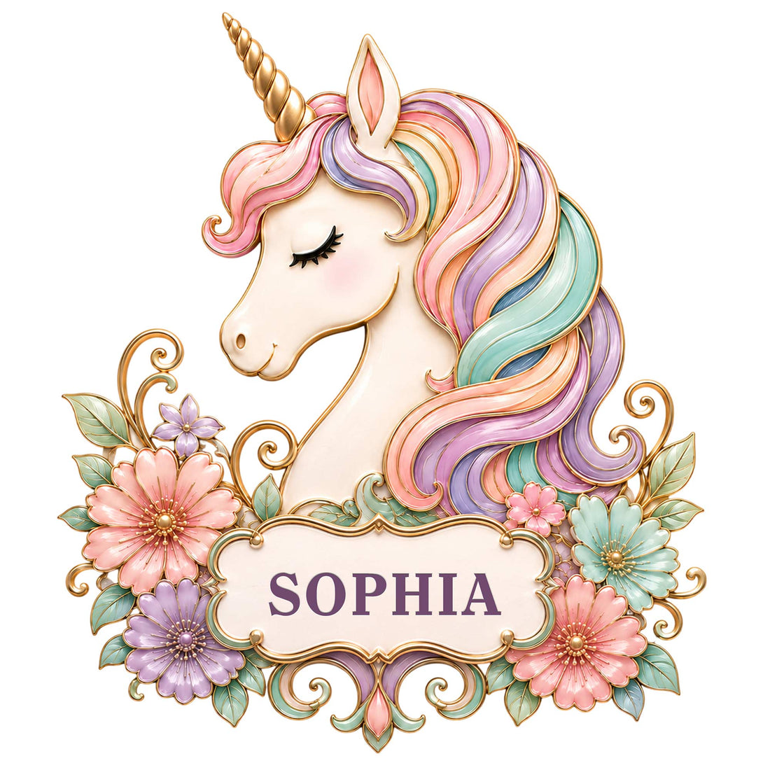 Custom unicorn metal sign featuring a pastel rainbow mane, golden horn, flowers, and ornate floral accents