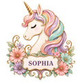 Custom unicorn metal sign featuring a pastel rainbow mane, golden horn, flowers, and ornate floral accents