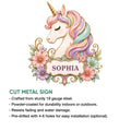 Pastel unicorn cut metal sign with a rainbow mane, colorful flowers, and decorative scrollwork