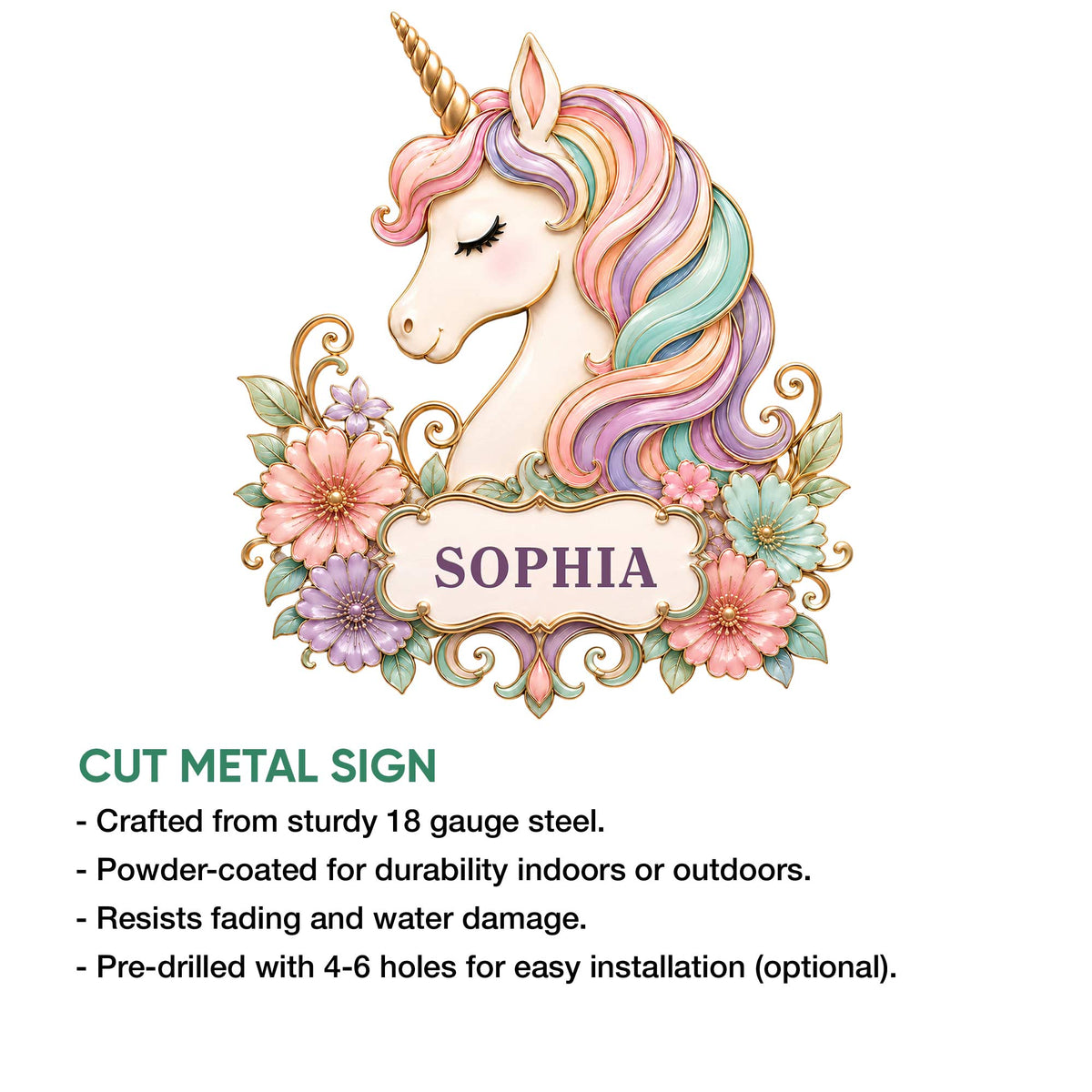 Pastel unicorn cut metal sign with a rainbow mane, colorful flowers, and decorative scrollwork