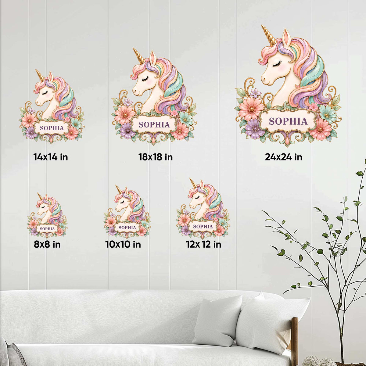 Unicorn metal sign size guide showing square options from 8x8 inches to 24x24 inches