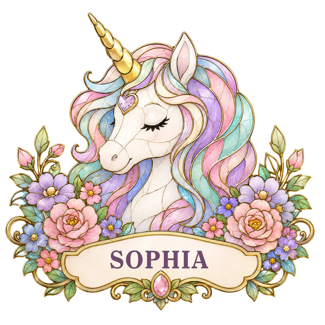 Pastel unicorn metal sign surrounded by colorful flowers and elegant gold decorative details