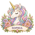 Pastel unicorn metal sign surrounded by colorful flowers and elegant gold decorative details
