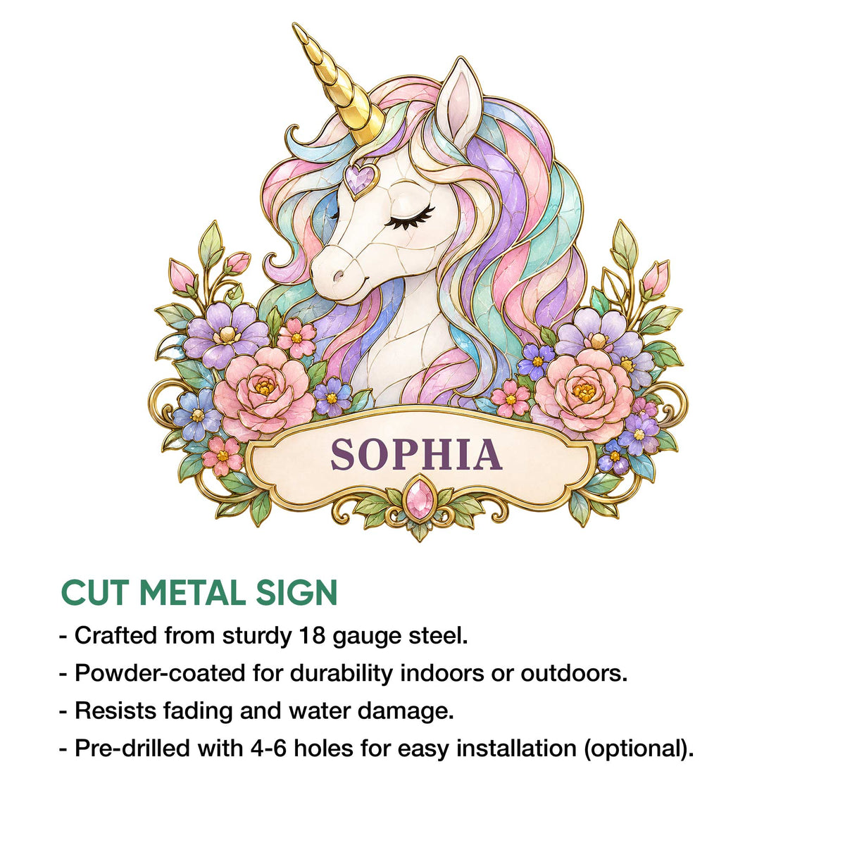 Pastel floral unicorn metal sign shown with a product feature information guide