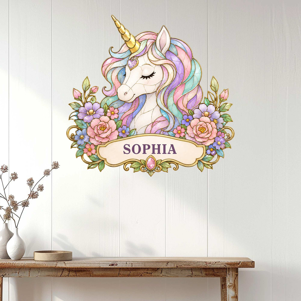 Pastel unicorn wall sign displayed above a console table in a bright home interior