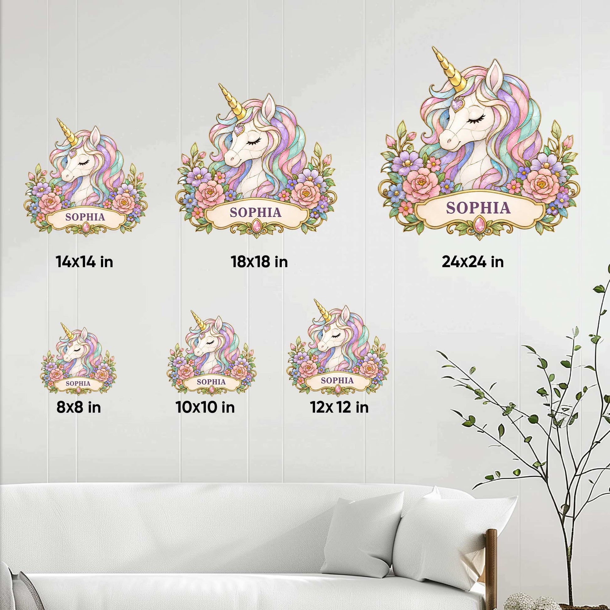 Unicorn metal sign size guide showing 8, 10, 12, 14, 18, and 24 inch options