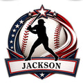 Baseball metal sign featuring a batter silhouette, large baseball, stars, and patriotic red, white, and blue accents