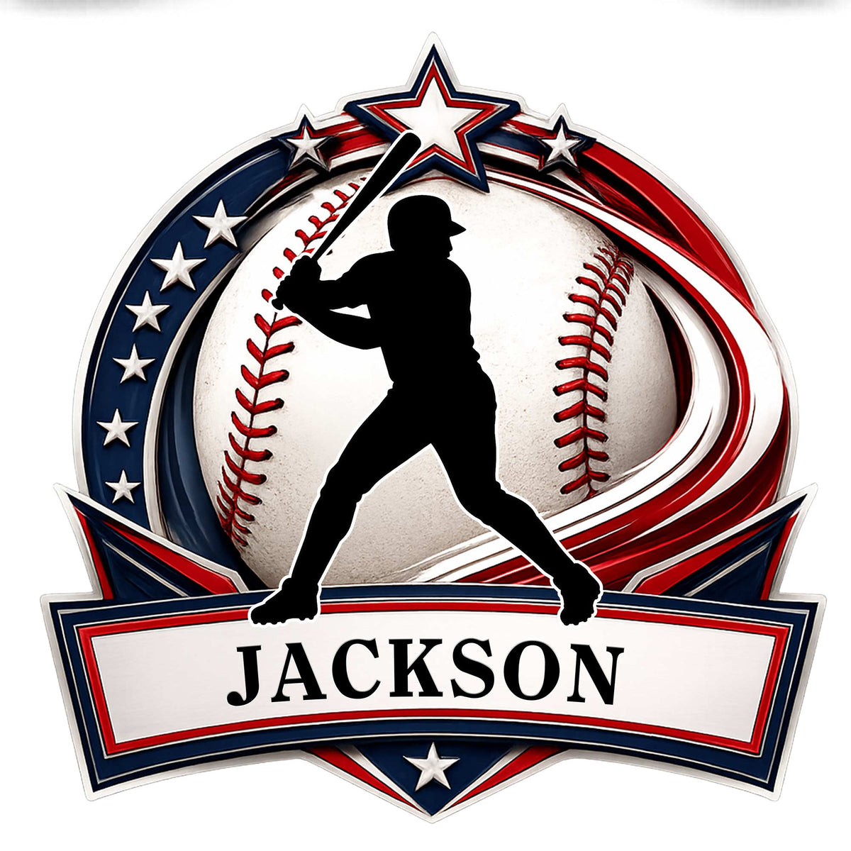 Baseball metal sign featuring a batter silhouette, large baseball, stars, and patriotic red, white, and blue accents