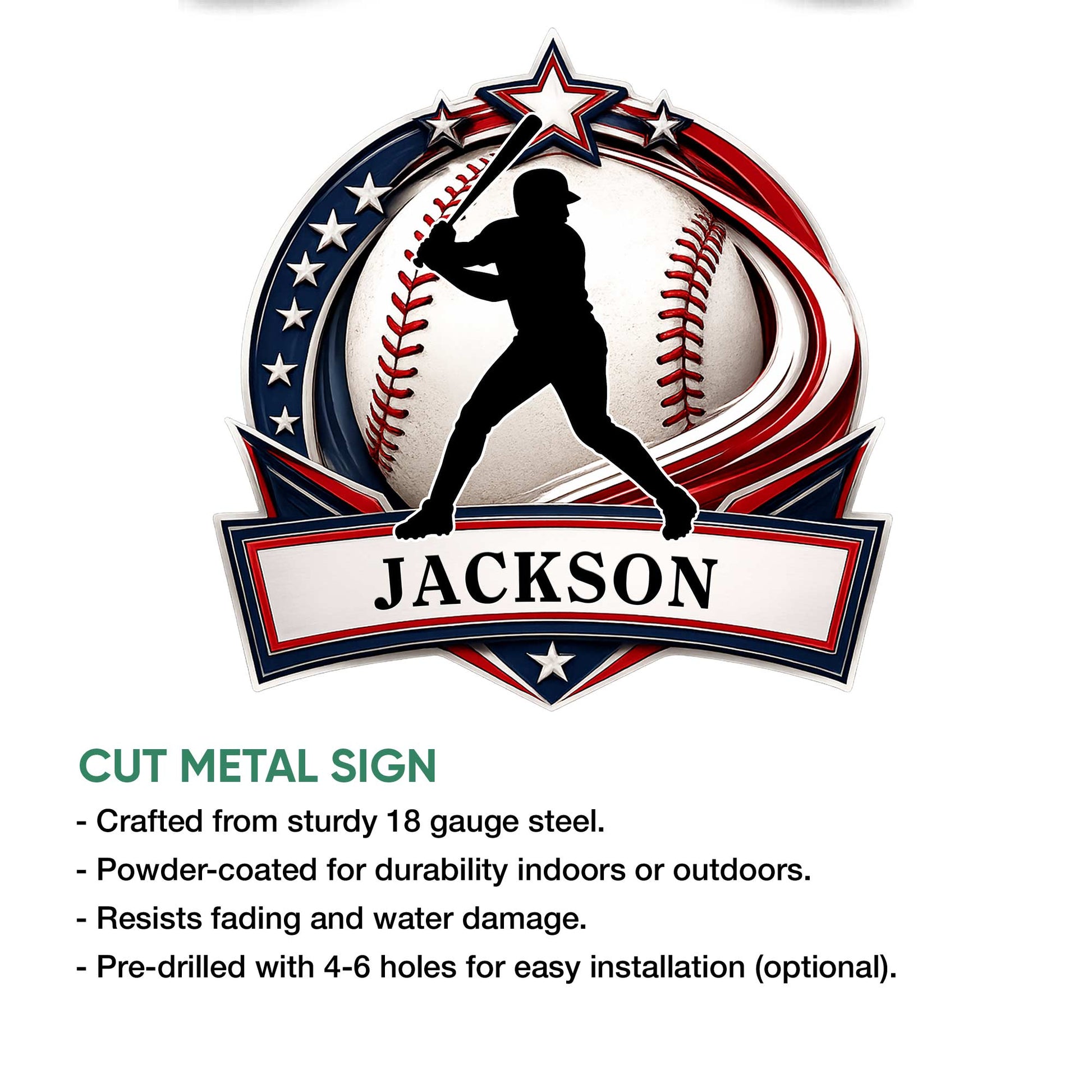 Baseball batter silhouette metal sign shown in a product feature graphic with patriotic star and baseball artwork