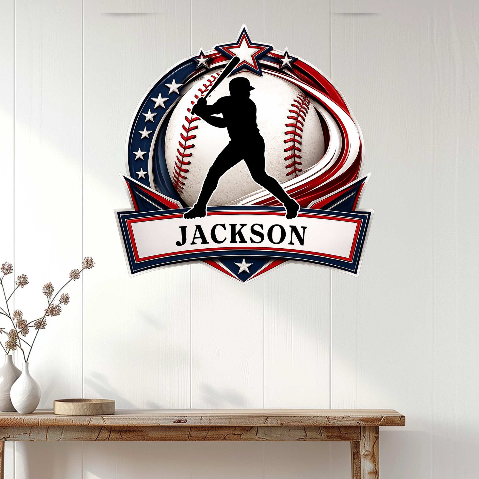 Patriotic baseball metal sign displayed as wall decor above a console table in a bright home interior