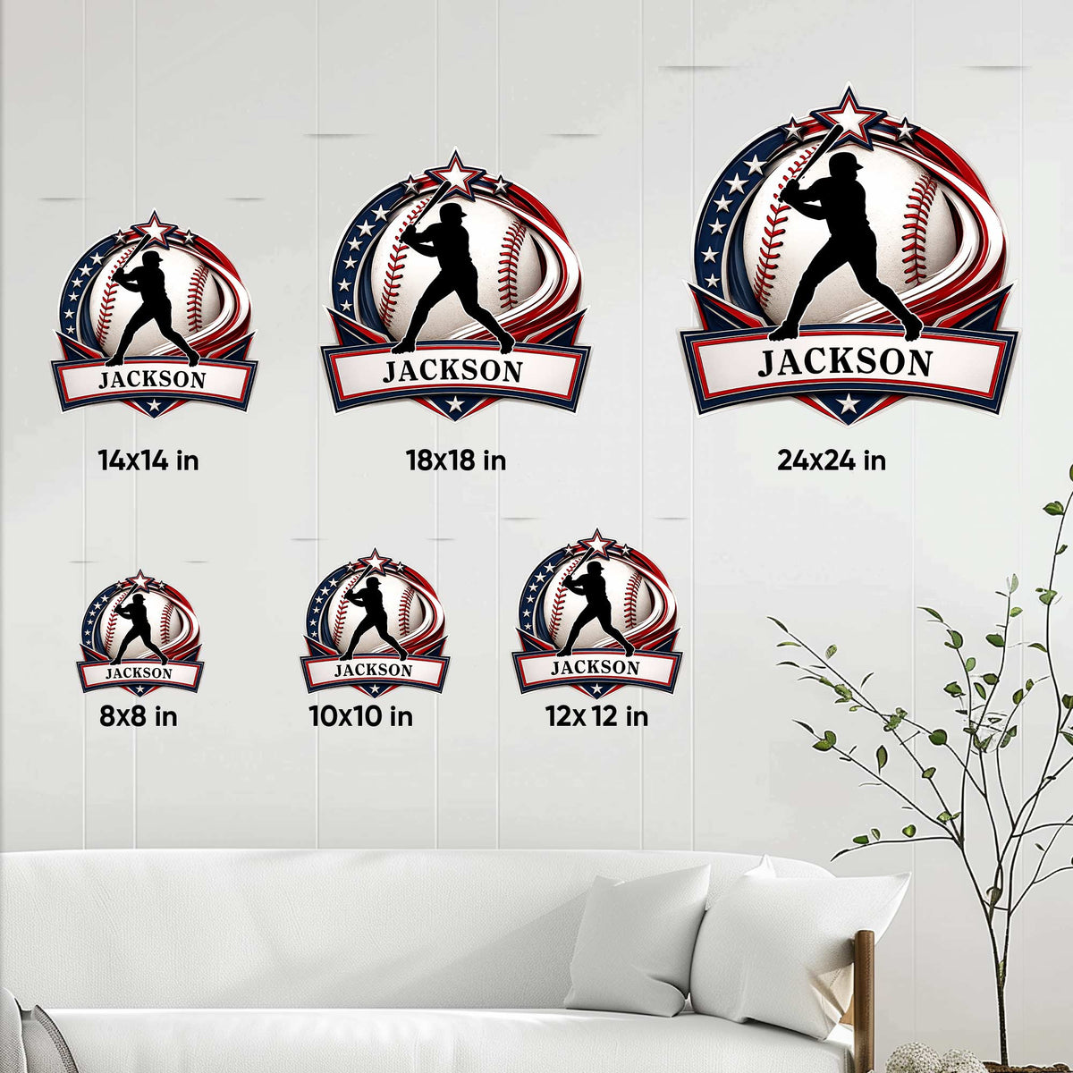 Baseball metal sign size guide showing multiple display sizes from 8 by 8 to 24 by 24 inches