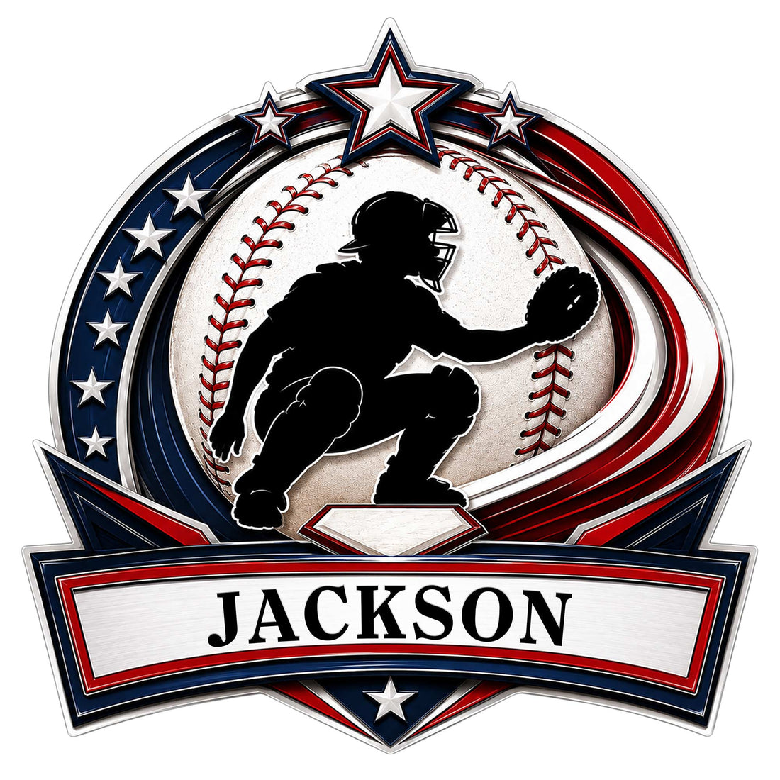 Baseball catcher silhouette metal sign with a baseball, stars, and bold red, white, and blue accents