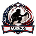 Baseball catcher silhouette metal sign with a baseball, stars, and bold red, white, and blue accents