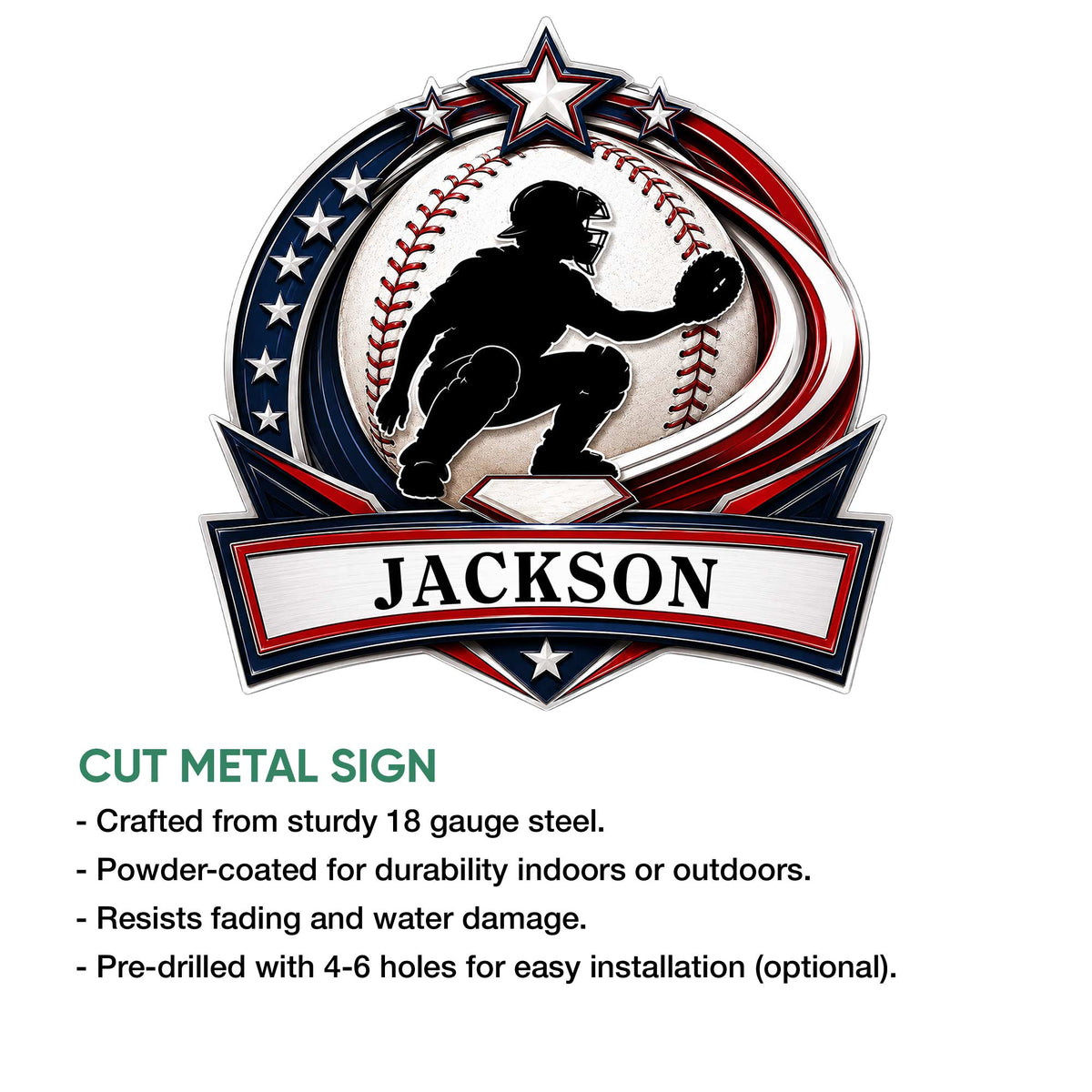 Cut metal baseball sign featuring a catcher silhouette, baseball graphic, star border, and patriotic colors