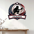 Baseball catcher metal wall sign displayed on a white paneled wall above a wooden console