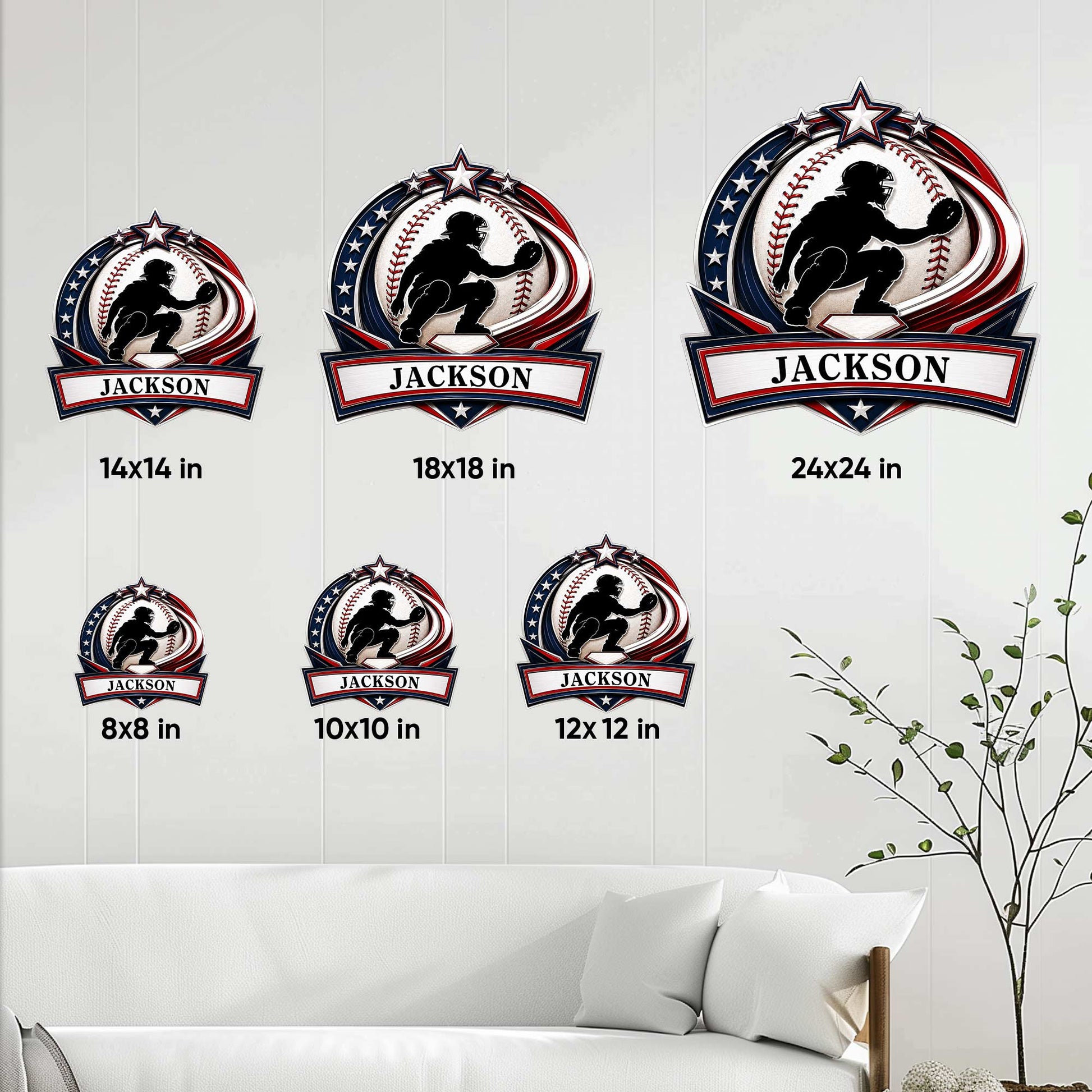 Baseball catcher metal sign size guide showing options from 8 by 8 inches to 24 by 24 inches