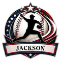 Custom baseball metal sign featuring a pitcher silhouette, baseball, stars, and patriotic red, white, and blue accents