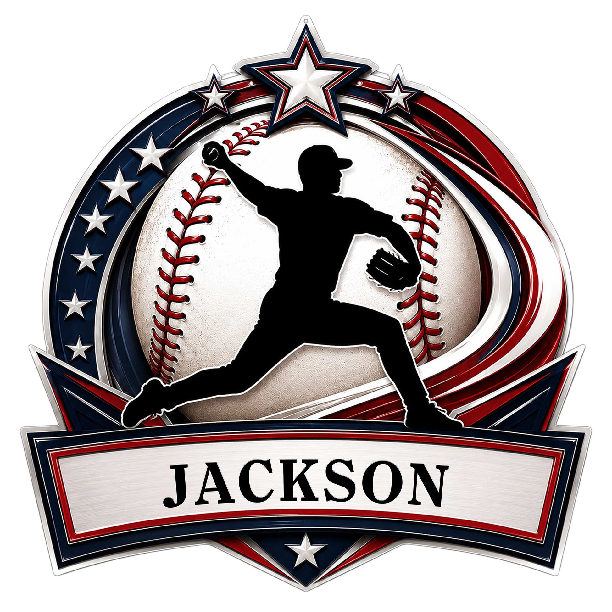 Custom baseball metal sign featuring a pitcher silhouette, baseball, stars, and patriotic red, white, and blue accents