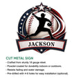Baseball pitcher metal sign feature graphic highlighting cut steel construction and indoor or outdoor display