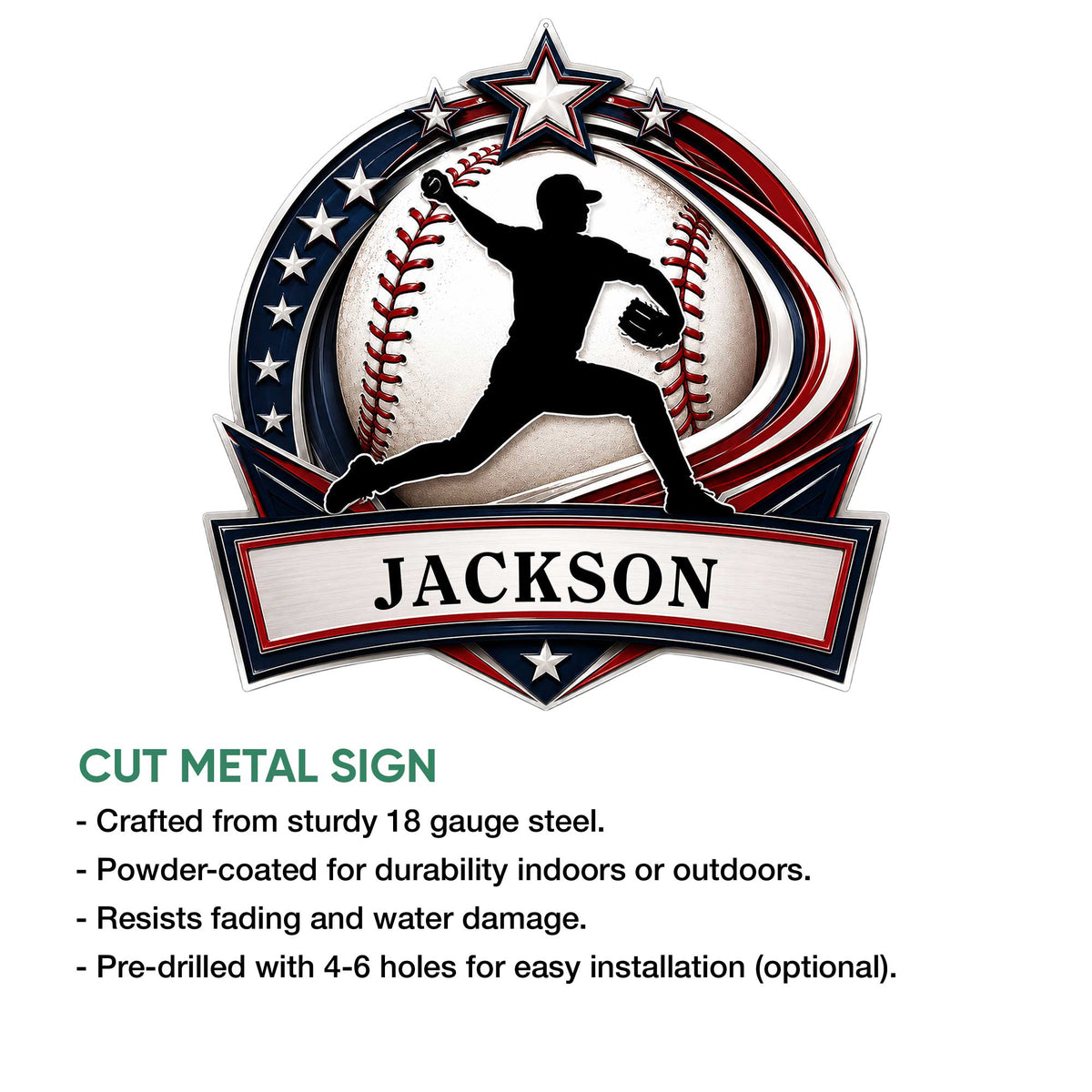 Baseball pitcher metal sign feature graphic highlighting cut steel construction and indoor or outdoor display