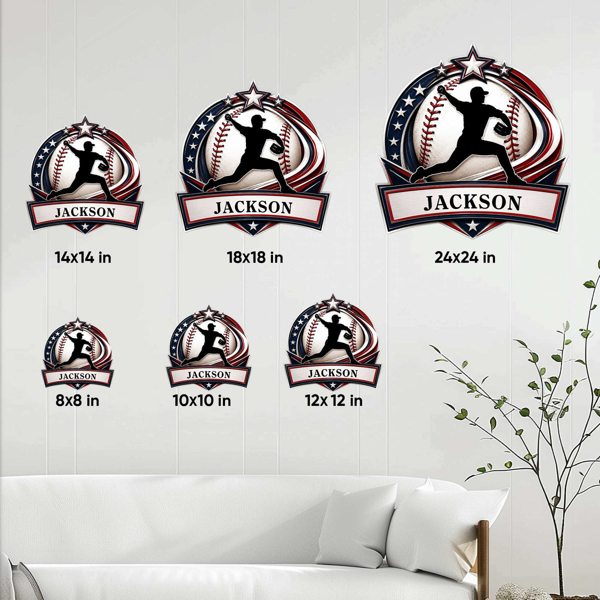 Baseball metal sign size guide showing several square size options with a pitcher silhouette design