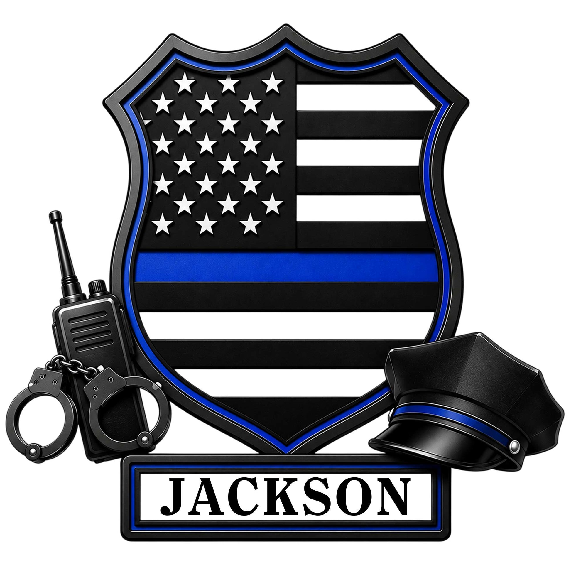 Custom police metal sign featuring a blue line American flag shield, radio, handcuffs, and police cap