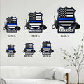 Police metal sign size guide showing the badge-shaped blue line flag design in multiple size options