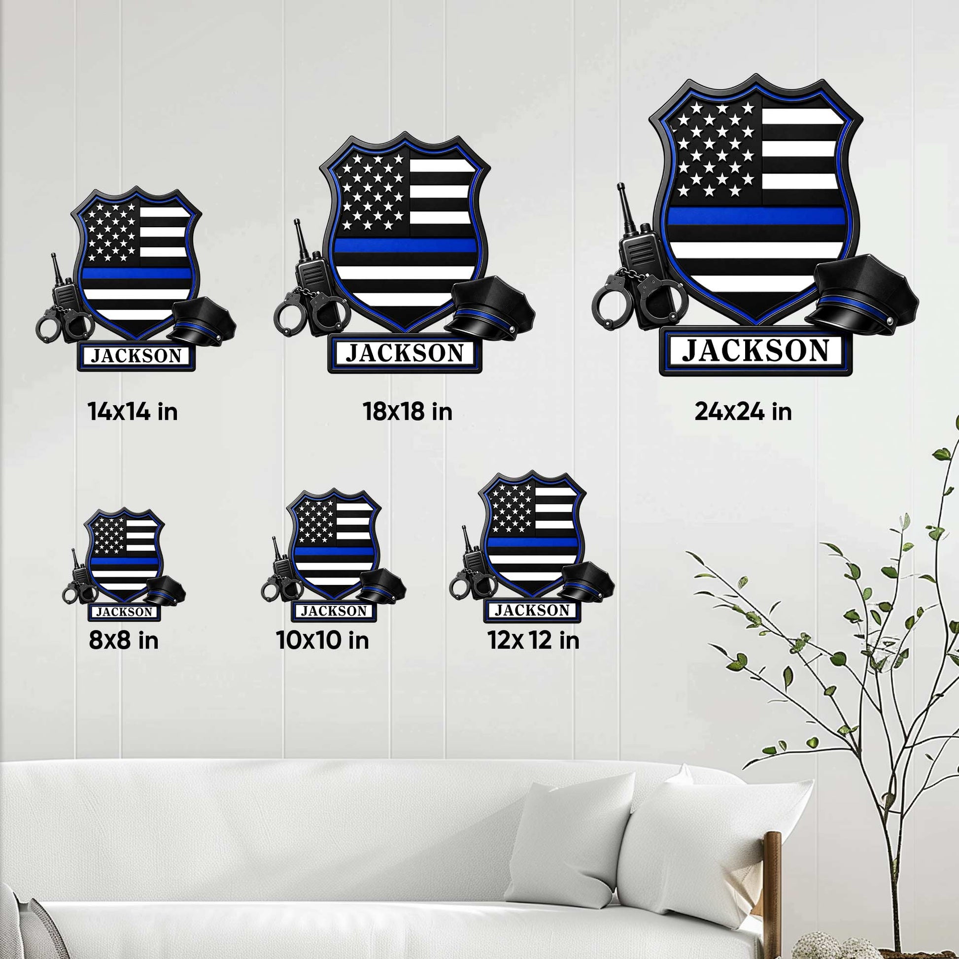 Police metal sign size guide showing the badge-shaped blue line flag design in multiple size options