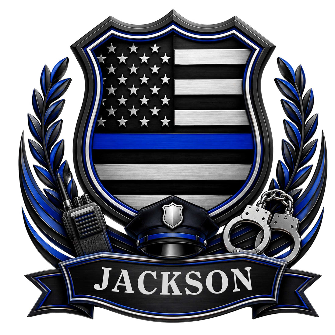 Custom police metal sign with thin blue line flag, badge shield, radio, handcuffs, and police hat