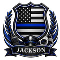 Custom police metal sign with thin blue line flag, badge shield, radio, handcuffs, and police hat