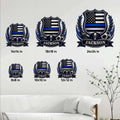 Police metal sign size guide showing six available square size options in a home setting