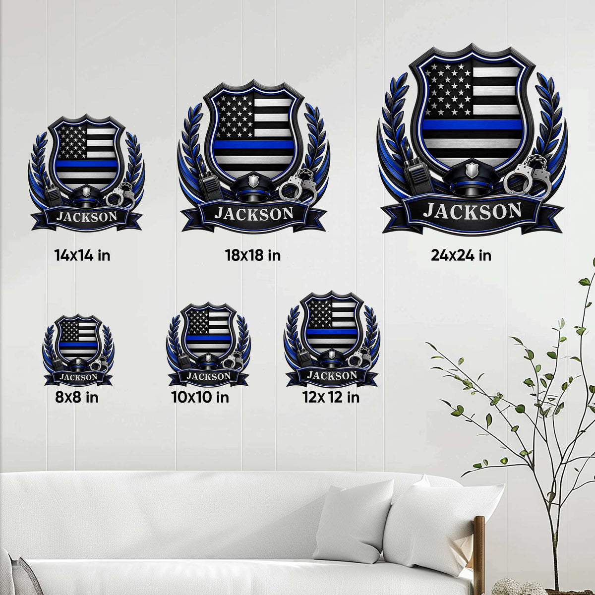 Police metal sign size guide showing six available square size options in a home setting