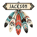 Native American inspired metal sign featuring colorful geometric feathers, beads, and a decorative Southwestern border