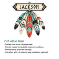 Cut metal sign feature graphic showing a colorful Native American inspired feather wall design