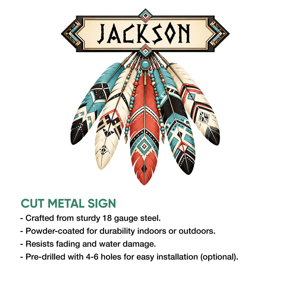 Cut metal sign feature graphic showing a colorful Native American inspired feather wall design