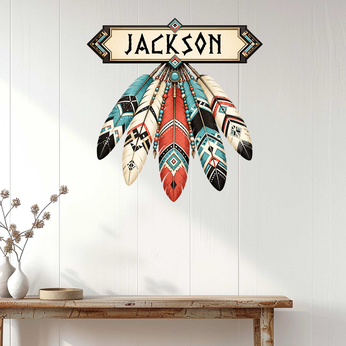 Native American inspired feather metal sign displayed as Southwestern wall decor in a bright home