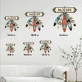 Size guide showing Native American feather metal sign options from 8 by 8 to 24 by 24 inches