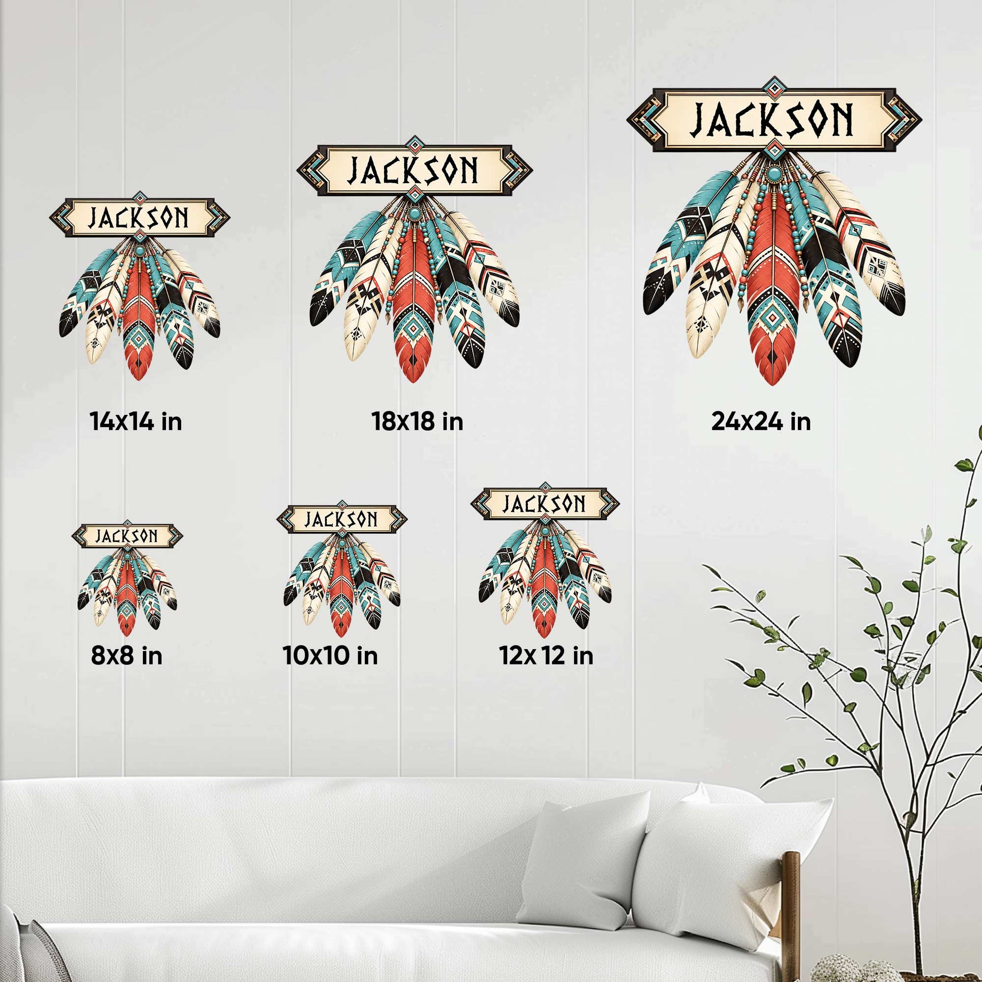 Size guide showing Native American feather metal sign options from 8 by 8 to 24 by 24 inches