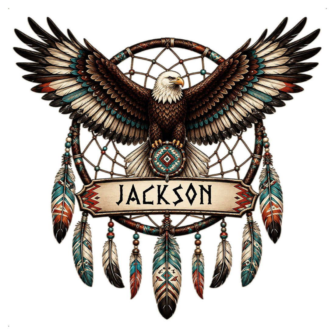 Native American-inspired eagle metal sign with spread wings, dreamcatcher details, feathers, and geometric accents